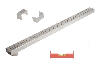 Entwässerungsrinnenset mit 1 x Rinne Superflach V2A mit Ablaufstutzen, 2 Endstücke, 1 Dichtmittel, 1 Schnurwasserwaage